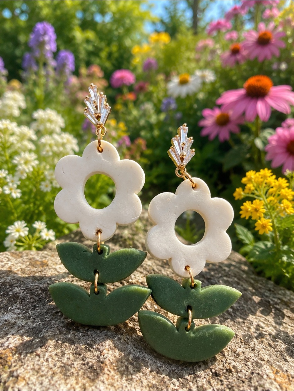 White Flower & Green Leaf Drop Handmade Polymer Clay Earrings - Women Jewelry